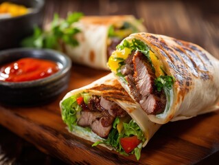 Delicious grilled wraps with meat, fresh vegetables, and sauce served on a rustic wooden board
