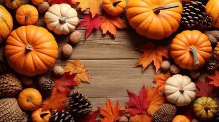 Pumpkins and Autumn Leaves on Wooden Background with Copy Space