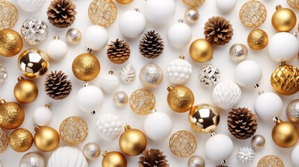 Festive Christmas Ornaments and Pinecones on a White Surface, Holiday Season