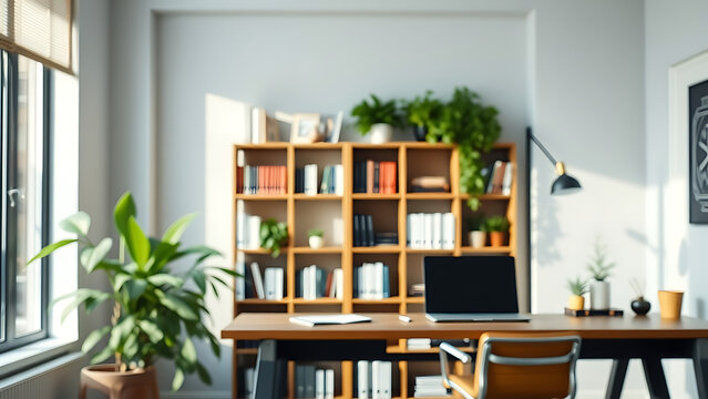 A zoom background photo of a minimalist modern office with a bookshelf and plants