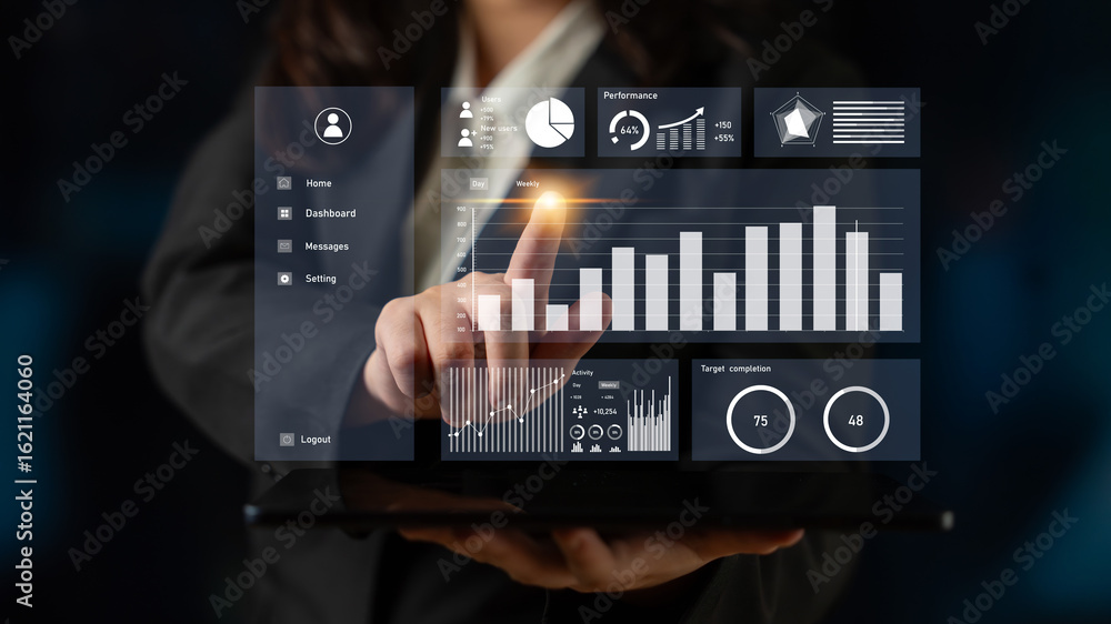 Poster a business professional engages with a virtual data dashboard showcasing essential performance metri