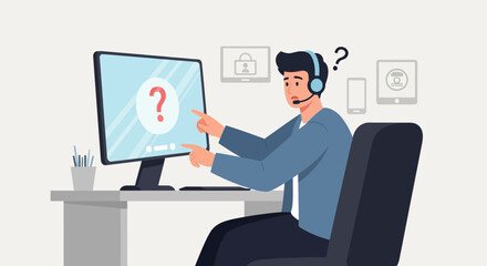 Confused Customer Service Agent Assisting with Technical Issues on Computer