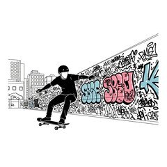 Skateboarder riding in urban city with graffiti wall in black and white vector illustration design vector silhouette