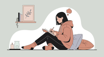 Cozy illustration of a woman journaling at home in a peaceful and relaxing setting