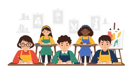 Creative Art Education Diverse Students Painting Together In Classroom Setting