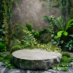 Stone pedestal surrounded by lush greenery a tranquil scene