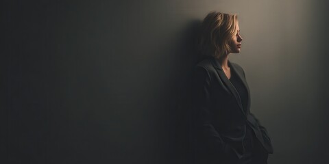 Contemplative Woman in Business Attire Against a Dark Wall