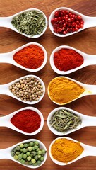 Colorful Variety of Spices in Small White Spoons