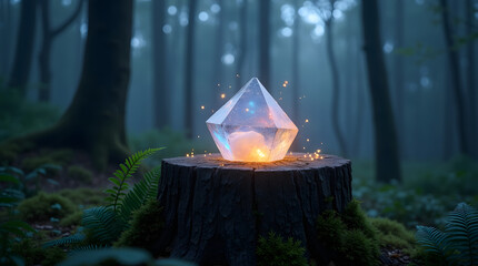 A magical glowing crystal with an ethereal luminescence resting on a weathered wooden stump covered in moss and ferns in a serene forest at twilight .