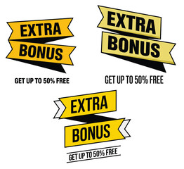 Extra Bonus Yellow Ribbon Banner Set Get Up To 50% Free Promotion Vector Marketing Badge Collection