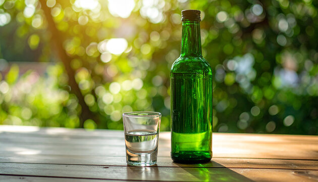 Soju in green glass bottle with shot glass on wooden table, traditional Korean alcoholic drink.