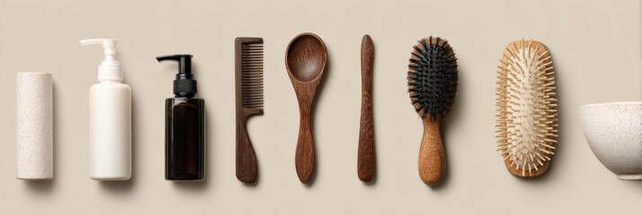 Explore Essential Tools for an Effective Hair Care Routine on a Clean Beige Background Showcasing Organized Hair Products and Brushes