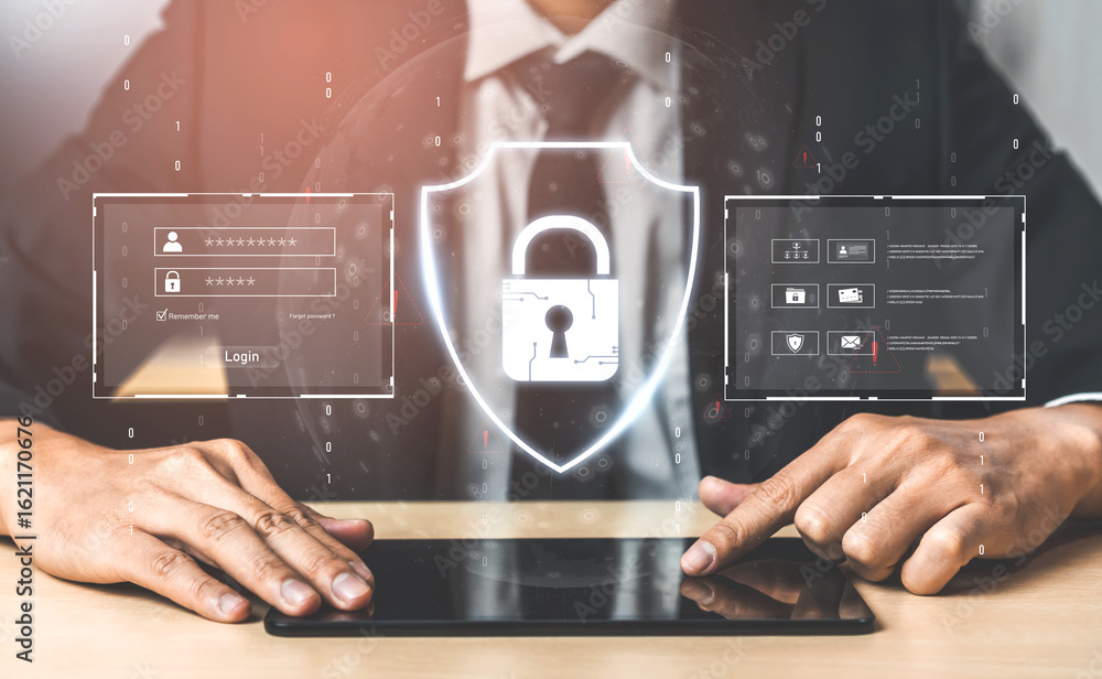Poster cyber security protects against breaches, hacks, and network attacks using strong infrastructure and