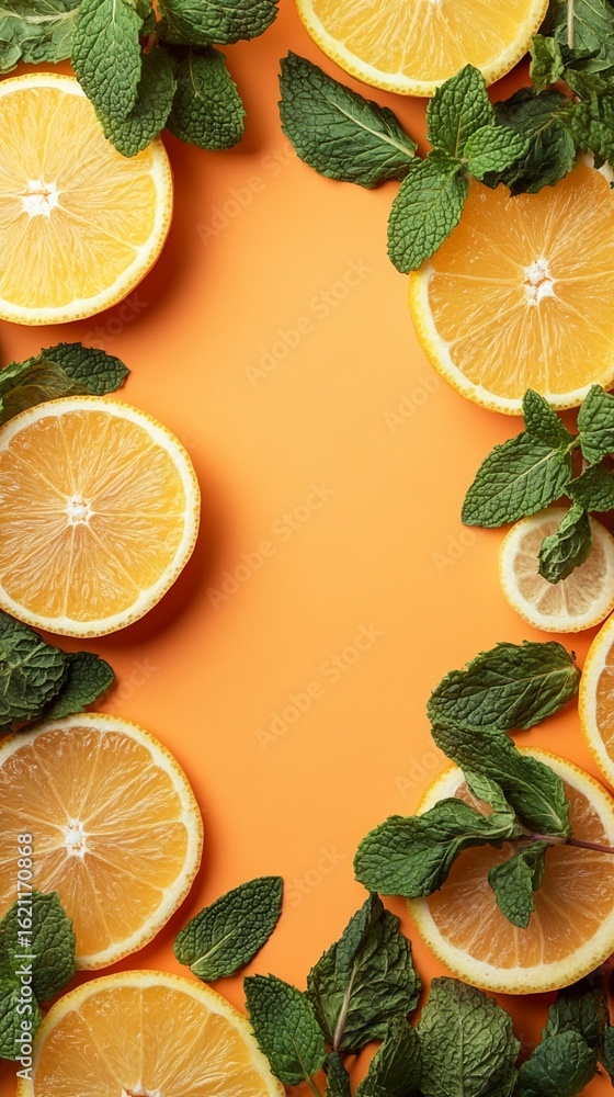 Poster vibrant citrus and mint composition creating a refreshing summer frame with bright yellow lemon slic
