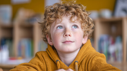 Redheaded child with freckles looking up and daydreaming during a lesson.