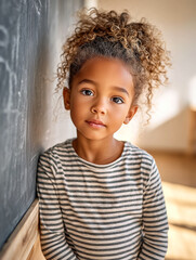 Pretty African-American schoolgirl standing near the chalkboard during break time.
