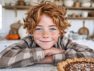 Funny redheaded kid smiling in a rustic kitchen near a homemade pumpkin pie. Perfect for autumn food content, Thanksgiving visuals, cozy family scenes, and seasonal promotions.