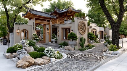 Serene modern yard with Japanese garden accents high resolution image