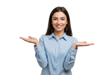 Smiling woman presenting with open hands isolated on transparent background
