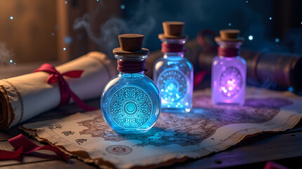 A mystical fantasy-themed setup with intricately designed glowing potion bottles in shades of blue and purple
