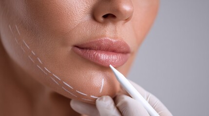 Dermatologist Marking Facial Areas for Botox Treatment With White Pencil in a Modern Clinic Setting