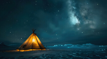 Illuminated Teepee under Starry Arctic Sky,