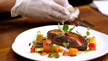 Professional chef wearing white gloves plating delicate seafood entree, arranging roasted fish with colorful seasonal vegetables and fragrant herbs on pristine ceramic surface