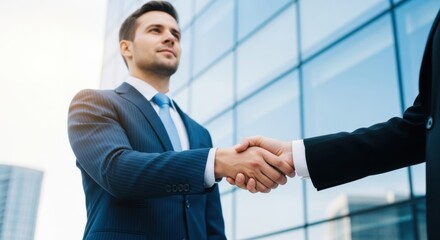 Confident businessmen in suits shaking hands outside modern office building sealing deal with partnership success