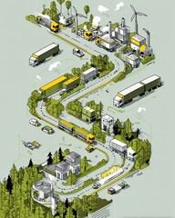 Trucking Illustration Supply Chain. Clean energy background for eco delivery route