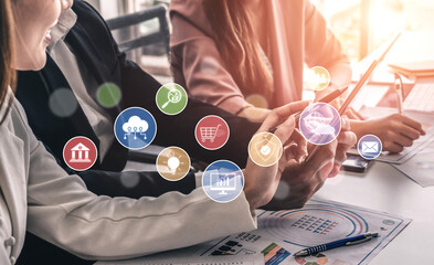 Set of business and digital service icons representing finance, cloud, analytics, email,...