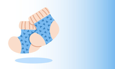 Blue gradient banner with a baby pair of socks. Blue socks with triangles, a symbol of a boy at a gender party. Surprise for a pregnant. Let's find out the baby's gender. It's a boy. Horizontal