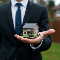 Close-up on a broker's hand offering a new house. A powerful visual for real estate services, property development, home insurance, and financial assets