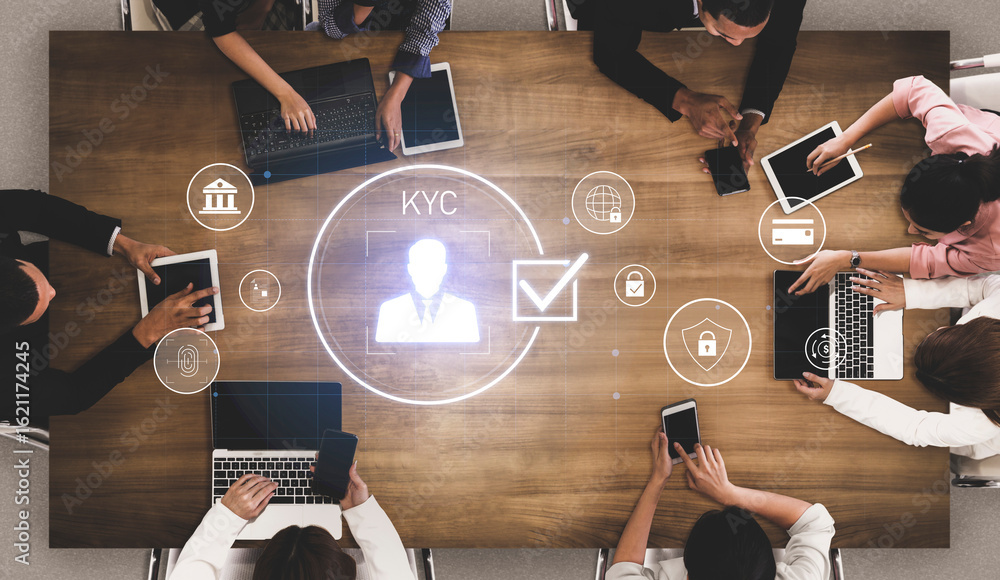 Poster digital kyc verification with biometric scan, id authentication, and financial security icons repres