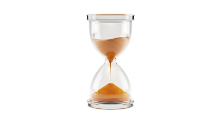 Closeup of an hourglass with sand flowing, isolated on transparent background