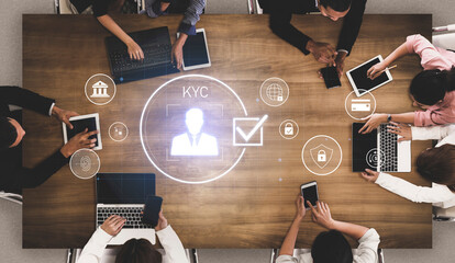 Digital KYC verification with biometric scan, ID authentication, and financial security icons...