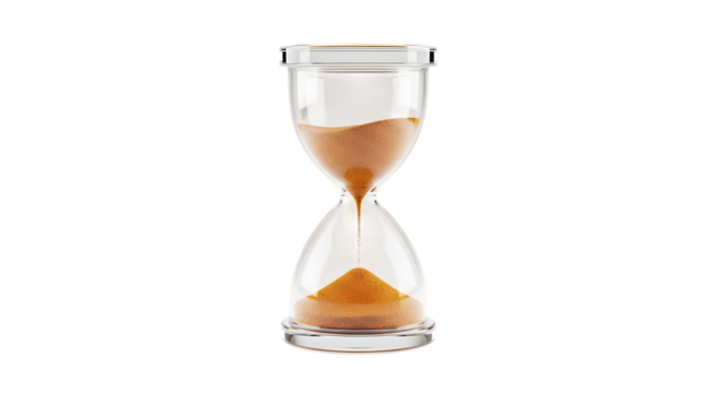 Closeup of an hourglass with sand flowing, isolated on transparent background