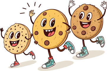 Three cheerful cartoon cookies with faces and legs happily walking together