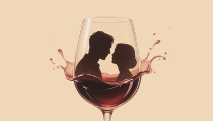 A fantastic and romantic illustration drawn with colored pencils of a glass of wine in which silhouettes of loving faces of a man and a woman are depicted. Vector graphics. EPS.