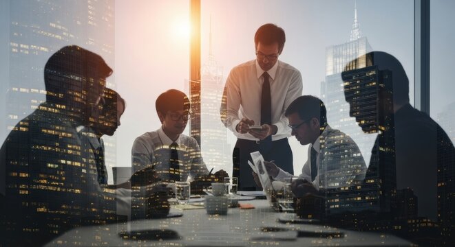 Dynamic business team collaborates in modern office with city skyline overlay, fueling innovation and growth