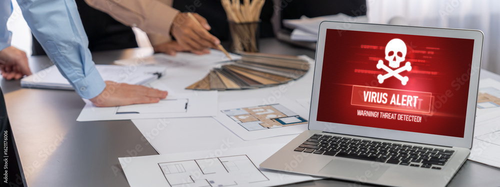 Poster group of interior architect designer discussing together on blueprint and laptop screen display arch
