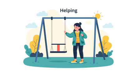 Caring Volunteer Assisting at The Playground Swing Set on A Sunny Day