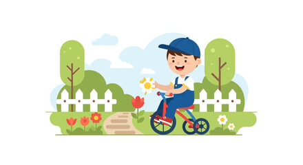 Naklejka premium Cartoon Boy Rides His Bicycle Down A Path In The Summer Season