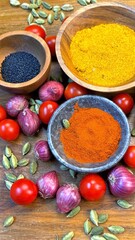 Rustic wooden surface displaying colorful spice filled ceramic bowls, accompanied by fresh tomatoes, onions, and aromatic cardamom pods