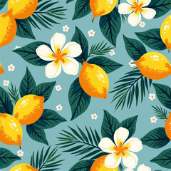 Vector bright summer pattern 
with tropical fruits lemon, white flowers, leaves 
on blue background. Fashion
ornament for fabric, paper, textiles, notepad,
woman clothing, card, packaging.
