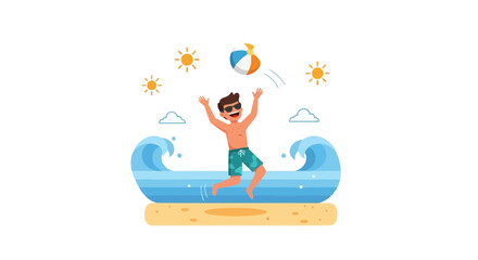 Fototapeta premium Cartoon illustration of a man playing with a beach ball on a sunny day at the beach