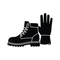 Black work boot and glove icon safety equipment PPE industrial workwear protection silhouette vector illustration