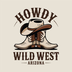 Howdy wild west arizona cowboy hat and boots emblem