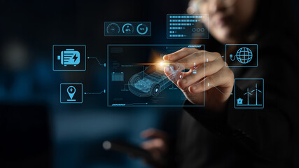 Technical layout of electric vehicle showing battery system, power control, traction motor,...