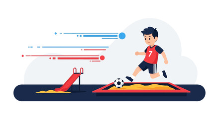 Fototapeta premium Cheerful Boy Kicking a Soccer Ball at the Playground Creative Vector Illustration