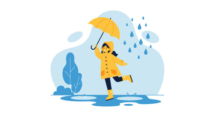 Obraz premium Cheerful Girl Enjoying Rainy Weather With Umbrella And Yellow Raincoat